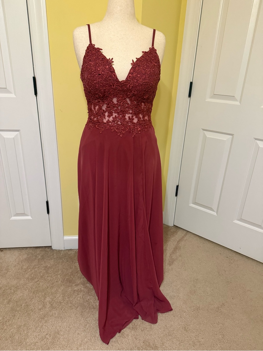 Spaghetti Strap Lace Bodice Prom Dress - Dusty Rose